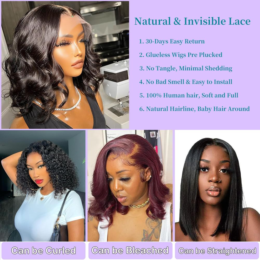 13X4 Body Wave HD Lace Front Wigs Human Hair 180% Density Glueless Bob Wigs Human Hair Pre Plucked Short Bob Wigs for Black Women Frontal Wig Human Hair Natural Black Color (14 Inch, Bob Wig)