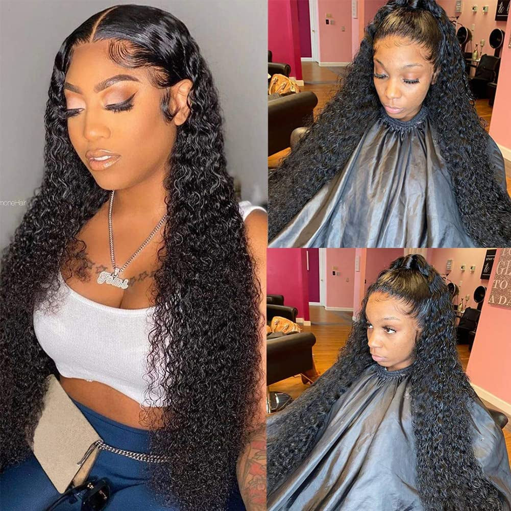 Water Wave Human Hair Lace Front Wigs for Black Women 150% Density Brazilian Water Wave Lace Front Wig with Baby Hair Pre Plucked Bleached Knots Deep Curly Lace Front Human Hair Wigs 16 Inch