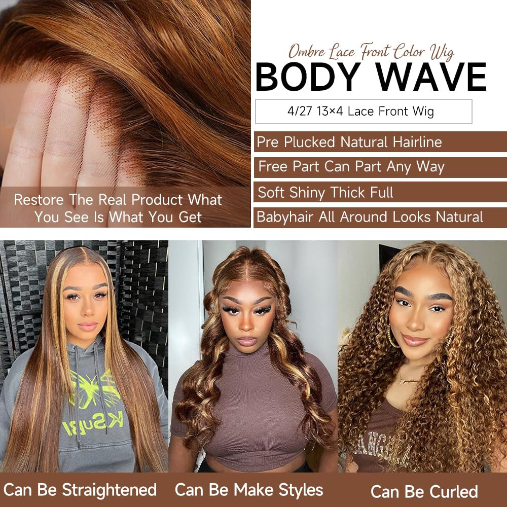 26 Inch Ombre Lace Front Wig Human Hair 4/27 13X4 Body Wave Highlight Lace Front Wig Human Hair Pre Plucked with Baby Hair Honey Blonde Wig Human Hair 180% Density Colored Wigs Human Hair for Women