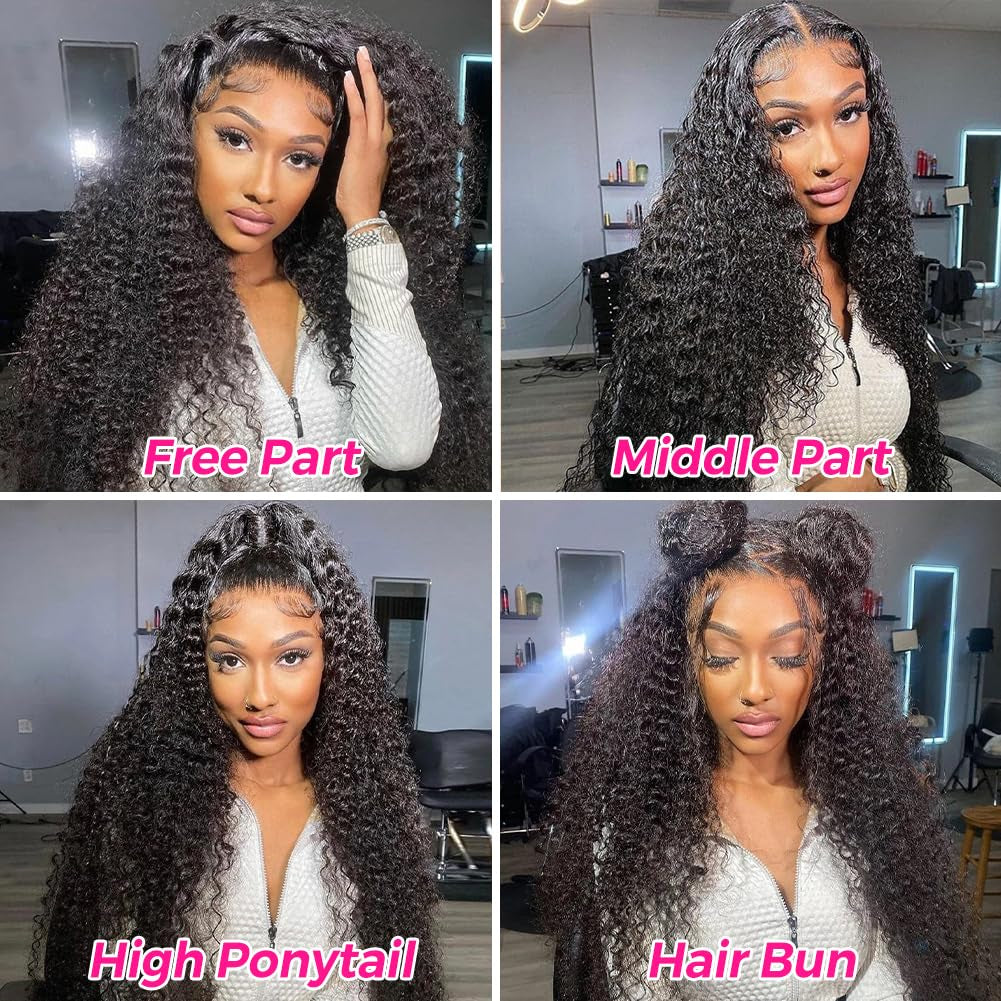 13X4 Human Hair Lace Front Wigs for Black Women Glueless 180 Density HD Transparent Deep Wave Frontal Wig with Baby Hair Pre Plucked Bleached Knots(14 Inch, Black Color)