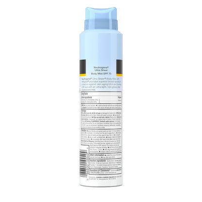 Ultra Sheer Body Mist SPF 70 Sunscreen Spray, Broad Spectrum UVA/UVB Protection, Lightweight, Non-Greasy Water Resistant Body Sunscreen Mist, Non-Comedogenic, 5 Oz