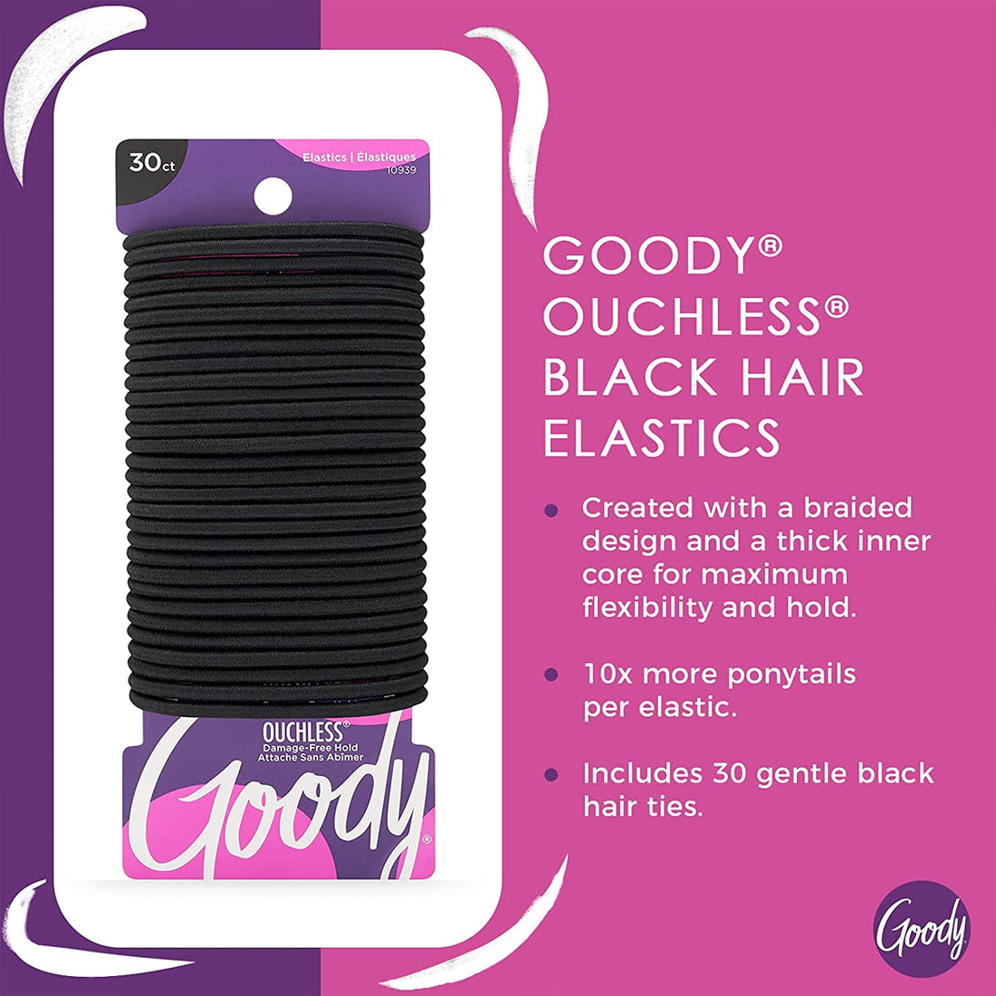 Ouchless Womens Elastic Hair Tie - 30 Count, Black - 4MM for Medium Hair- Hair Accessories for Women Perfect for Long Lasting Braids, Ponytails and More - Pain-Free