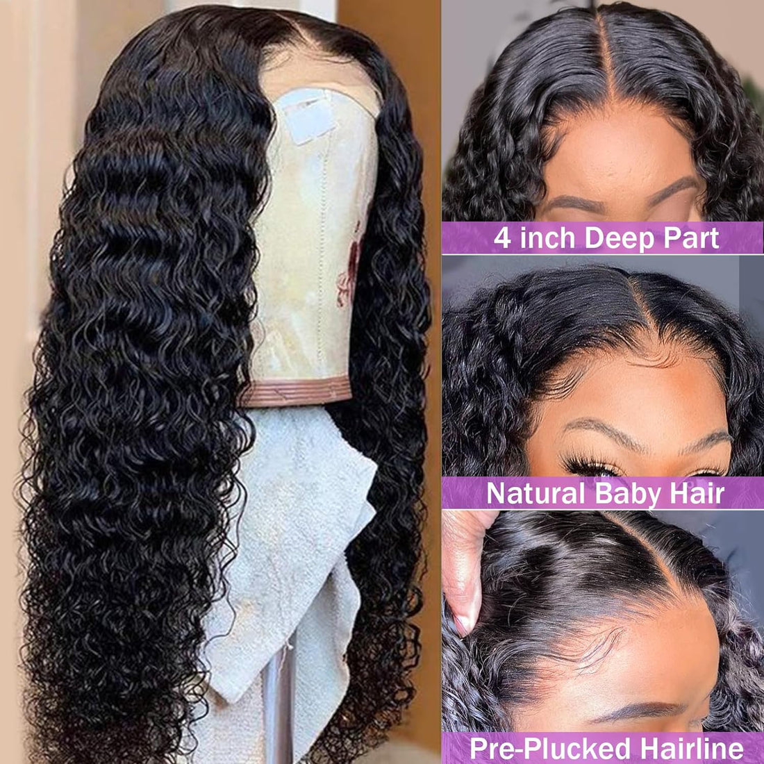 Deep Wave Lace Front Wigs Human Hair 180% Density 4X4 Transparent Lace Closure Wigs for Black Women Wet and Wavy Lace Frontal Wigs Glueless Wigs Pre Plucked with Baby Hair Natural Color (18 Inch)