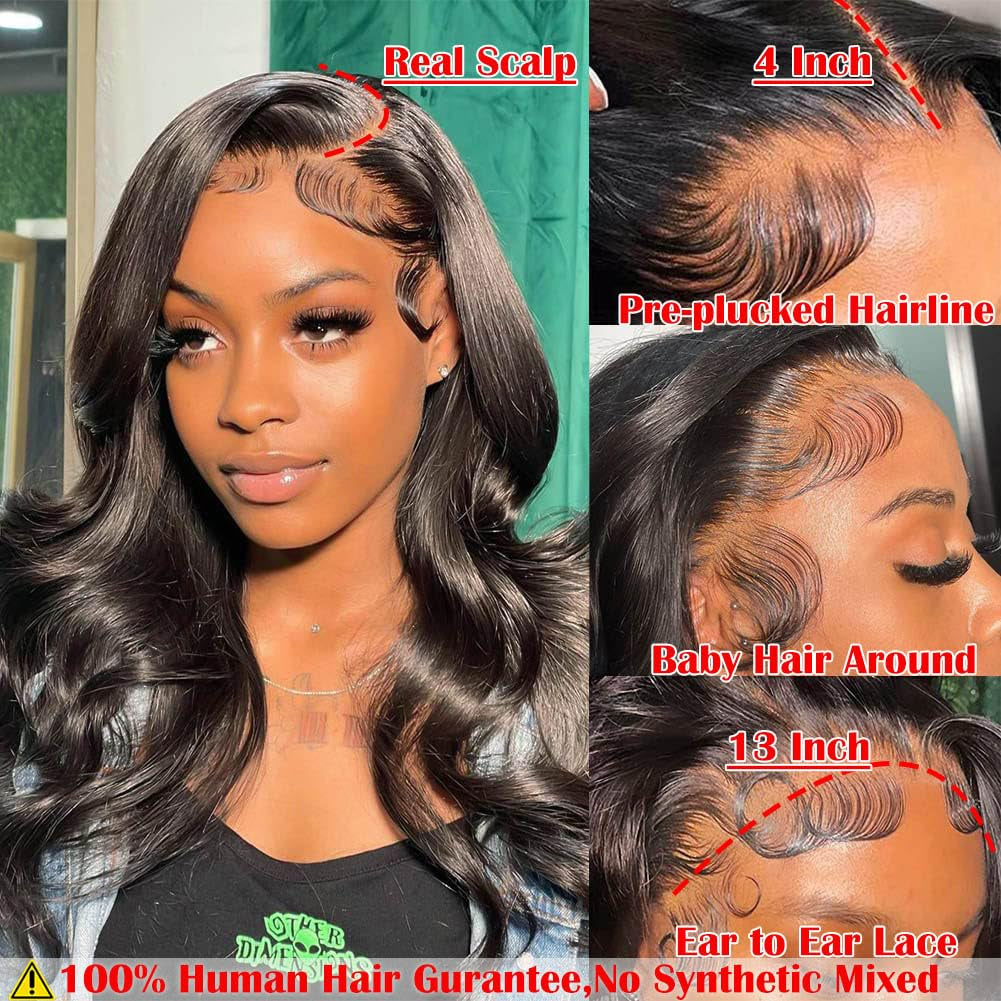 Body Wave Lace Front Wigs Human Hair Pre Plucked 13X4 HD Transparent Lace Frontal Wig with Baby Hair 180% Density Brazilian Virgin Human Hair Lace Front Wigs for Women Natural Black 22Inch