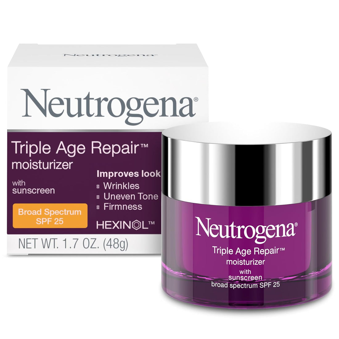 Triple Age Repair Anti-Aging Daily Facial Moisturizer with SPF 25 Sunscreen &amp; Vitamin C, Firming Anti-Wrinkle Face &amp; Neck Cream for Dark Spots, Glycerin &amp; Shea Butter, 1.7 Oz