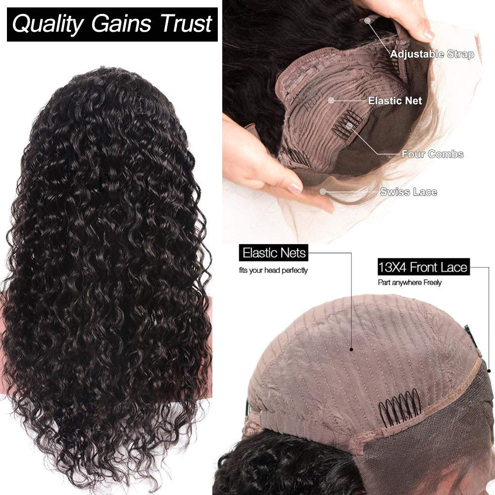 Water Wave Human Hair Lace Front Wigs for Black Women 150% Density Brazilian Water Wave Lace Front Wig with Baby Hair Pre Plucked Bleached Knots Deep Curly Lace Front Human Hair Wigs 16 Inch