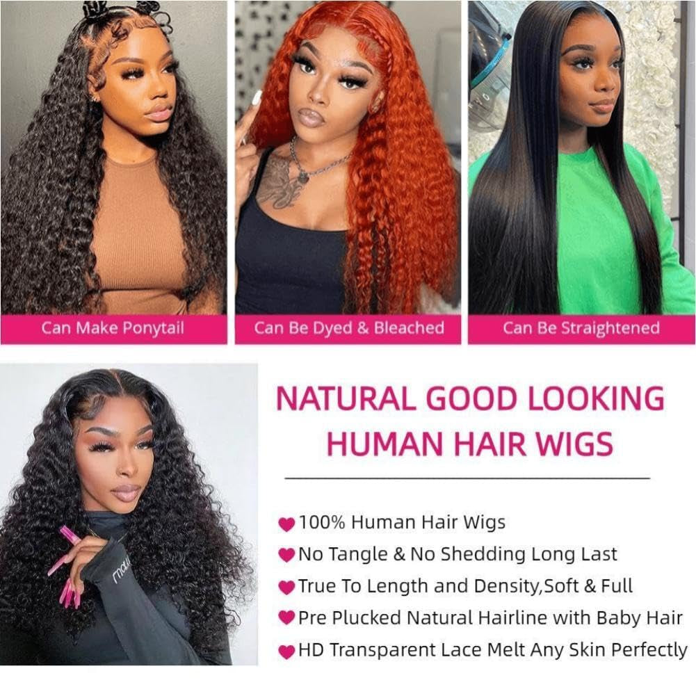 28 Inch Deep Wave Lace Front Wigs Human Hair Pre Plucked 13X4 HD Transparent Lace Frontal Wigs Human Hair 180% Density Deep Curly Glueless Wigs Human Hair for Women