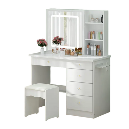 MIDHAM Vanity Desk Set Makeup Table with Large Sliding Lighted Mirror, Power Strip &amp; Hair Dryer Holder, Modern Dressing Table with Drawers, Storage Shelves &amp; Stool for Bedroom