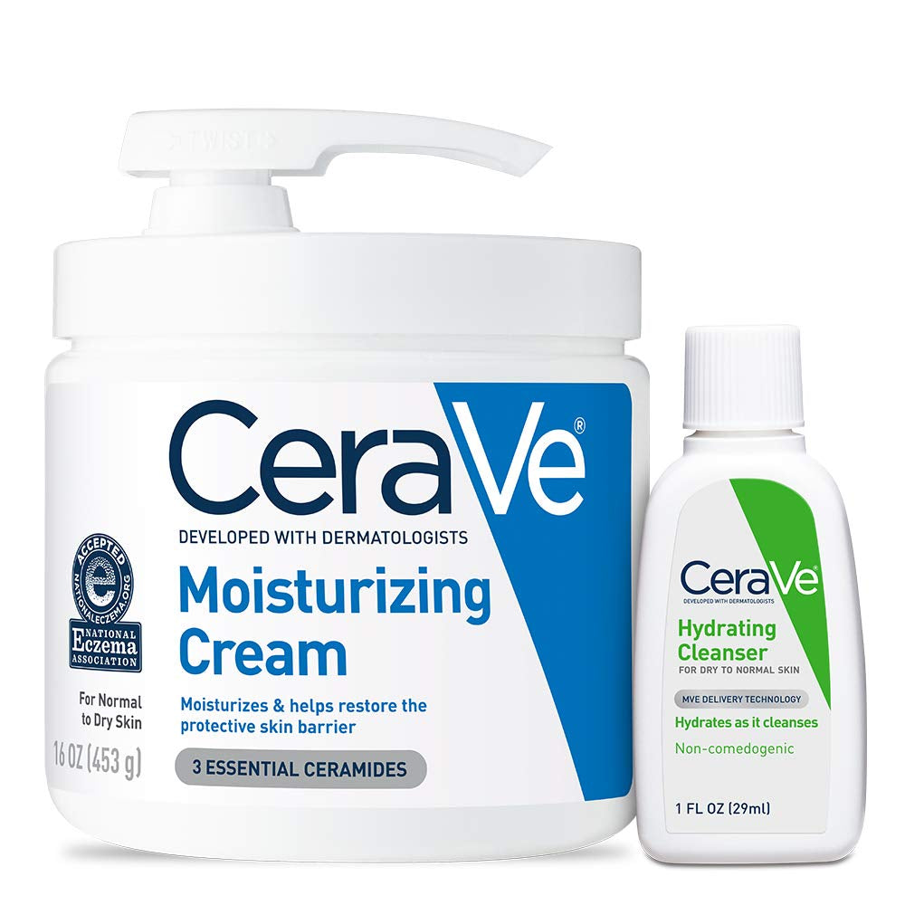 Moisturizing Cream Combo Pack | Contains 16 Ounce with Pump and 1 Ounce Hydrating Facial Cleanser Trial/Sample Size