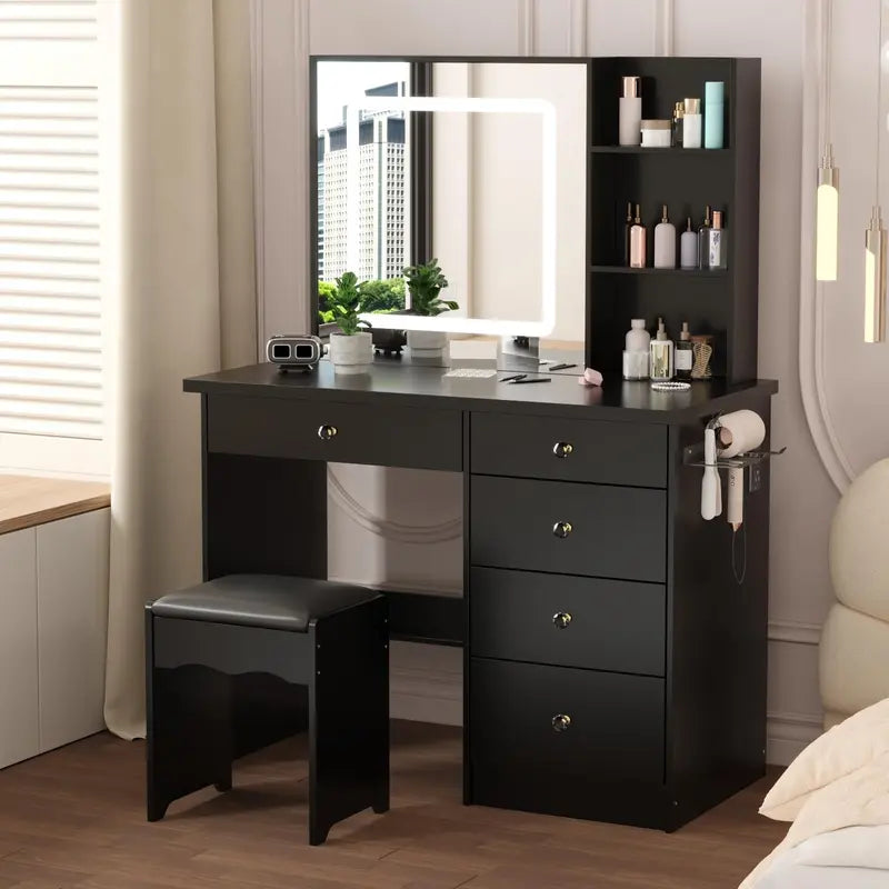 MIDHAM Vanity Desk Set Makeup Table with Large Sliding Lighted Mirror, Power Strip &amp; Hair Dryer Holder, Modern Dressing Table with Drawers, Storage Shelves &amp; Stool for Bedroom