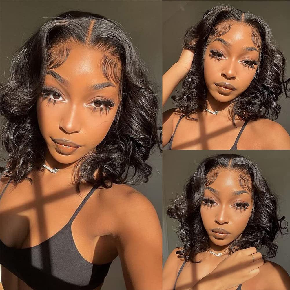 Wavy Bob Wig Human Hair 13X4 Lace Front Wigs Human Hair Pre Plucked Glueless Wigs Human Hair 12 Inch Short Bob Wigs Brazilian Body Loose Wave Wear and Go Human Hair Wig