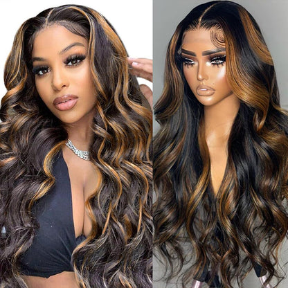 28 Inch Ombre Lace Front Wig Human Hair 1B/30 Body Wave Highlight Lace Front Wigs Human Hair Colored 13X4 Ombre Brown Wig Human Hair 180% Density Glueless HD Lace Frontal Wigs Human Hair