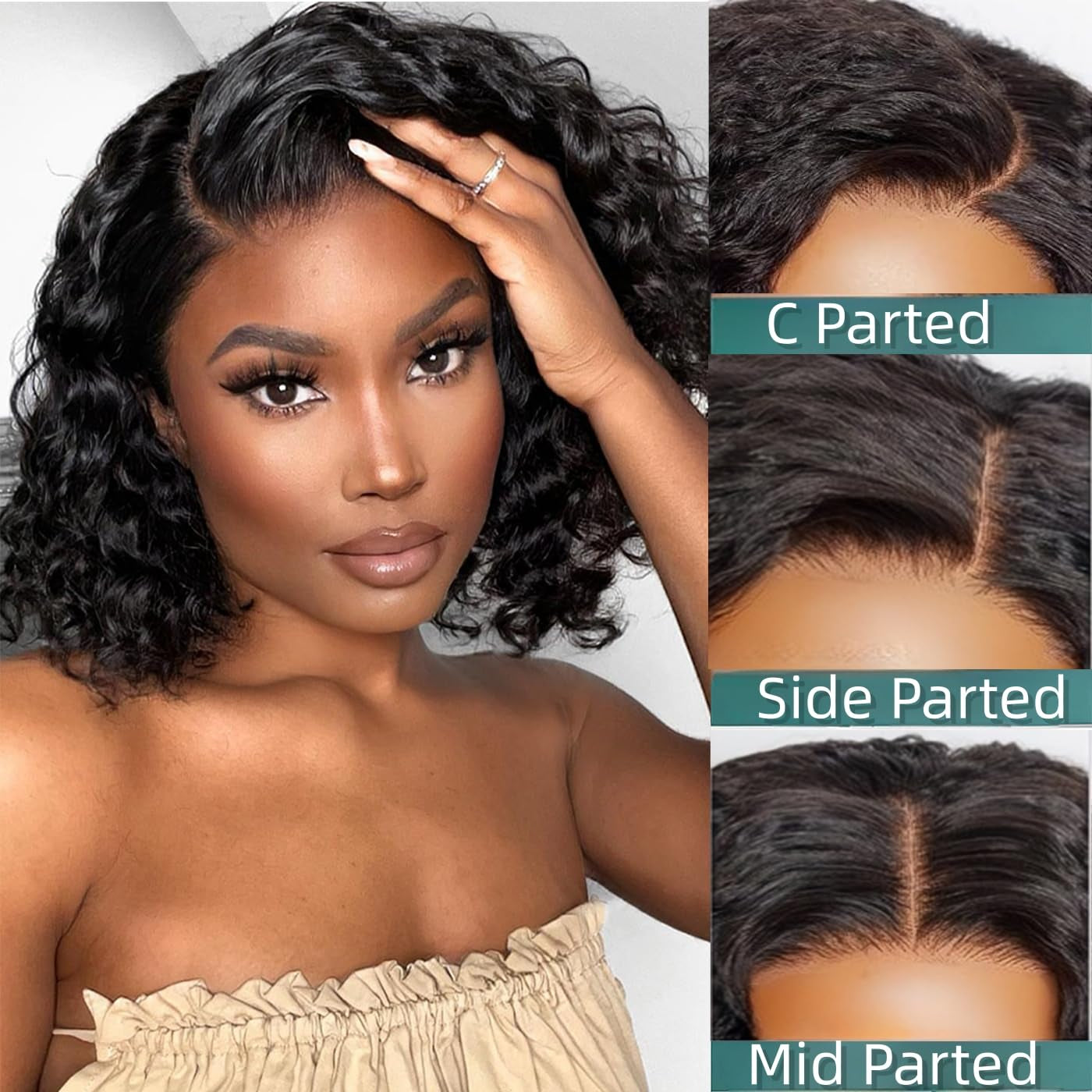 14 Inch Wear and Go Glueless Wigs Human Hair Pre Plucked Water Wave Bob Wig Human Hair Wigs 180% Density Glueless Wig Pre Cut Lace for Beginners 4X4 Lace Closure Wig for Women