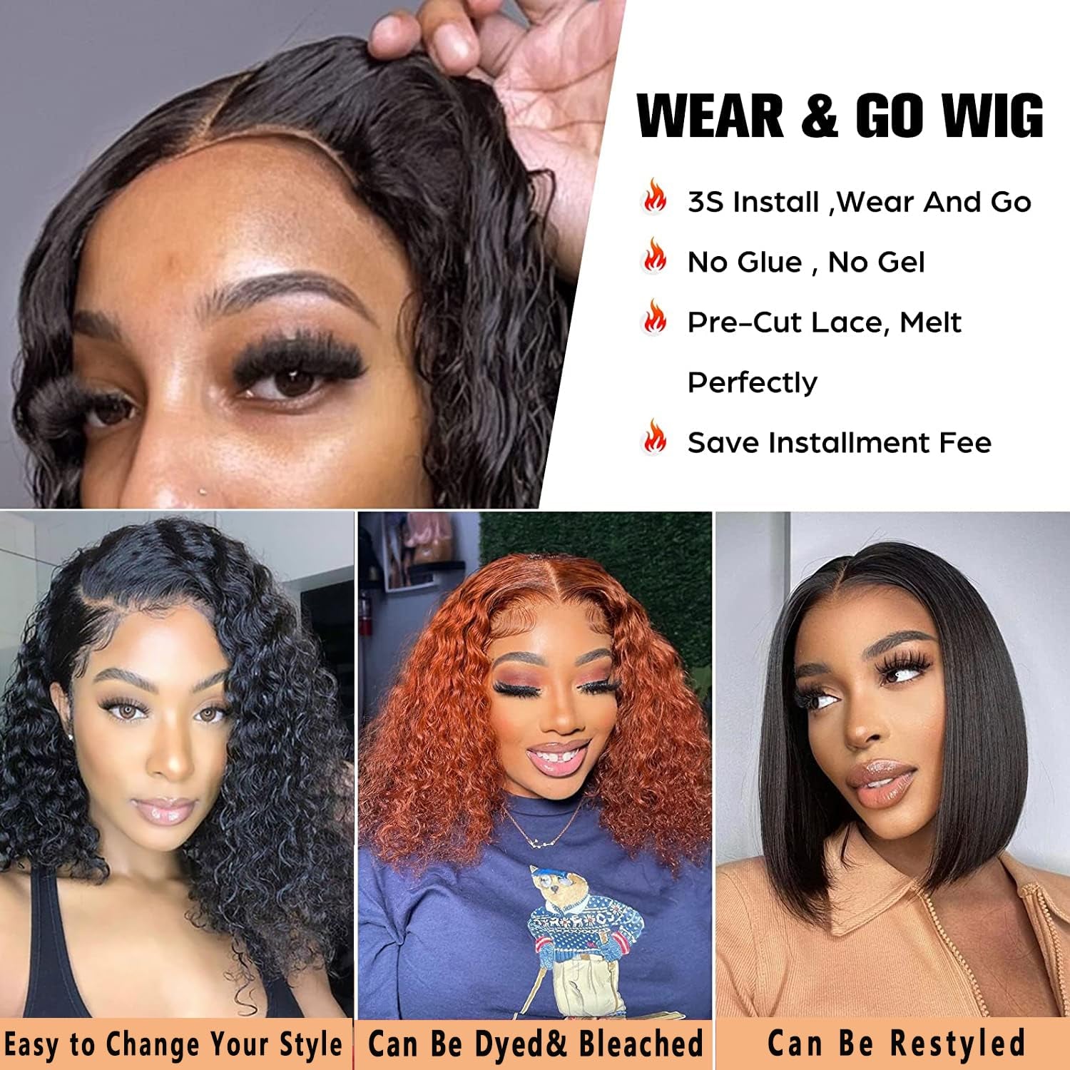 Wear and Go Glueless Wigs Human Hair Pre Plucked Deep Wave Bob Wig Human Hair Lace Front Wigs for Beginners Upgraded No Glue Pre Cut 4X4 Lace Closure Glueless Wigs for Black Women Human Hair 12 Inch