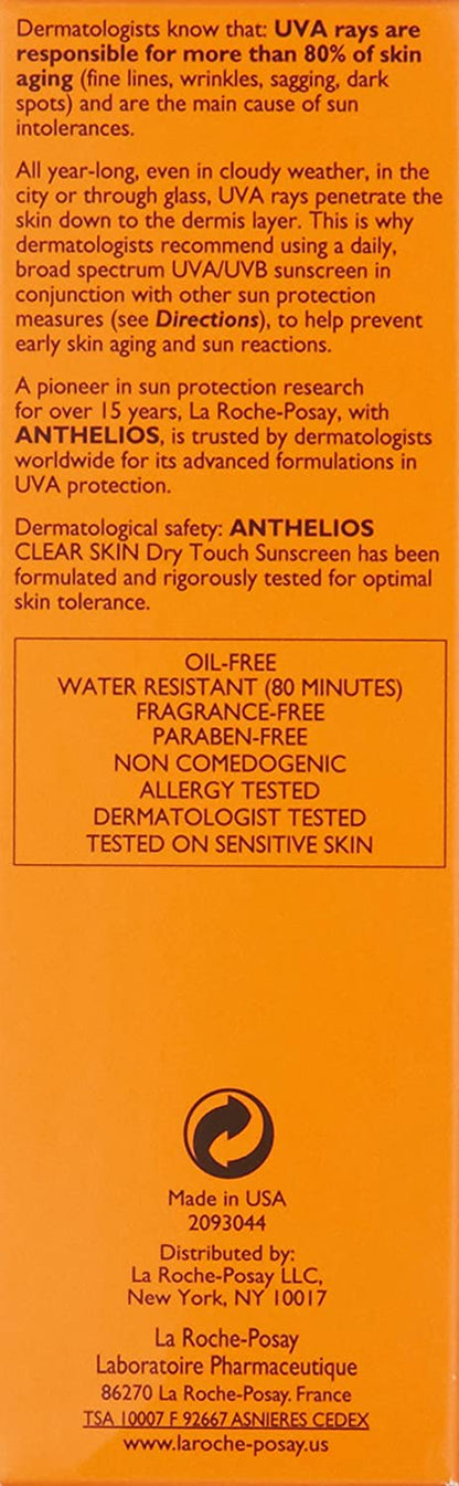 Anthelios Clear Skin Sunscreen Dry Touch SPF 60 | Oil Free Sunscreen for Face | Oil Absorbing | Broad Spectrum SPF + Antioxidants | Non-Greasy | Oxybenzone Free | Travel Size Sunscreen