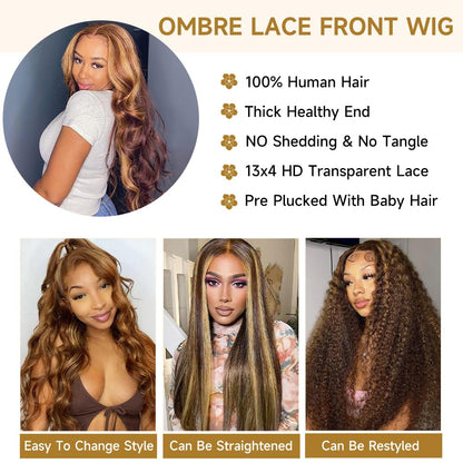 26 Inch Ombre Lace Front Wig Human Hair 180% Density 13X4 4/27 Highlight Lace Front Wig Human Hair Honey Blonde HD Lace Front Wig Human Hair Body Wave Balayage Wig Human Hair Pre Plucked for Women