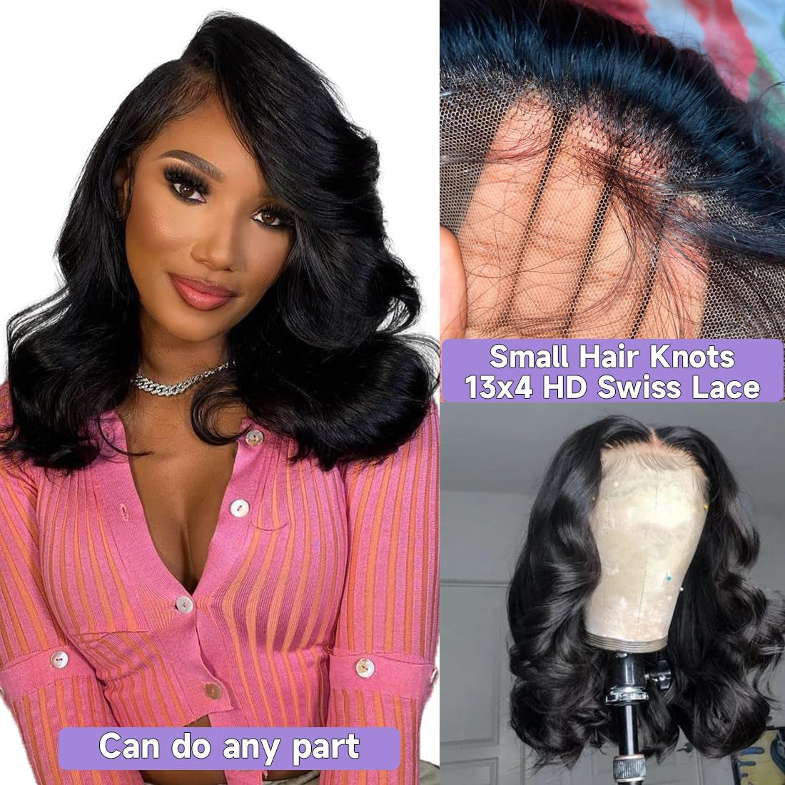 13X4 Body Wave HD Lace Front Wigs Human Hair 180% Density Glueless Bob Wigs Human Hair Pre Plucked Short Bob Wigs for Black Women Frontal Wig Human Hair Natural Black Color (14 Inch, Bob Wig)