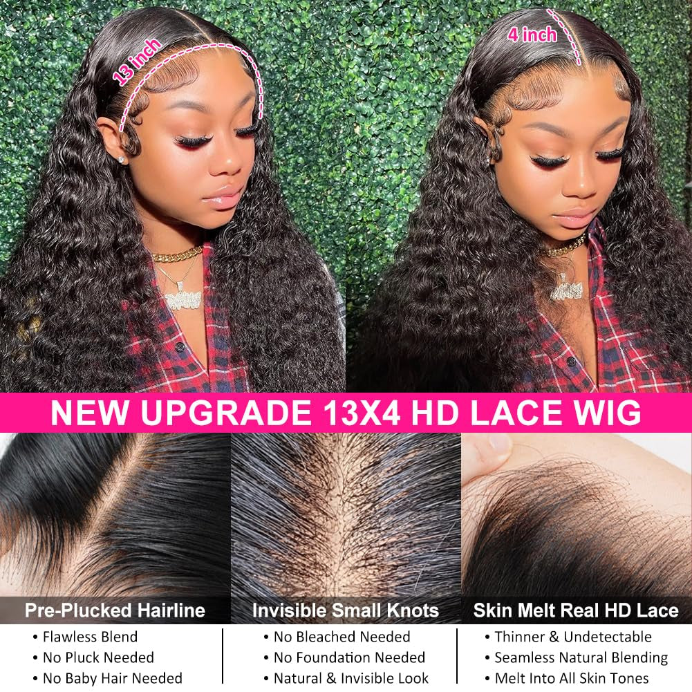 13X4 Human Hair Lace Front Wigs for Black Women Glueless 180 Density HD Transparent Deep Wave Frontal Wig with Baby Hair Pre Plucked Bleached Knots(14 Inch, Black Color)