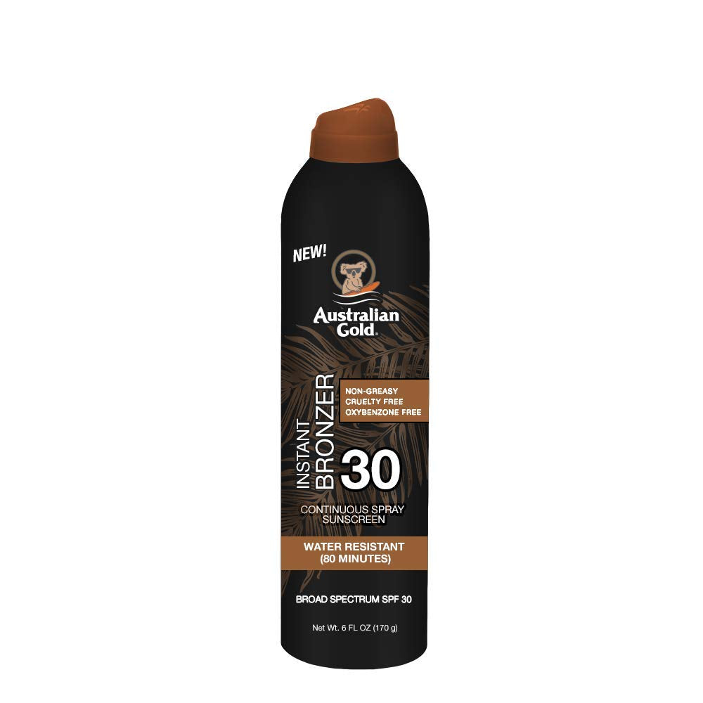 Continuous Spray Sunscreen with Instant Bronzer SPF 30, Immediate Glow &amp; Dries Fast Water Resistant Nongreasy Oxybenzone Free Cruelty Free, Bronzer New, Orange, 6 Oz