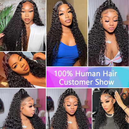 Water Wave Human Hair Lace Front Wigs for Black Women 150% Density Brazilian Water Wave Lace Front Wig with Baby Hair Pre Plucked Bleached Knots Deep Curly Lace Front Human Hair Wigs 16 Inch