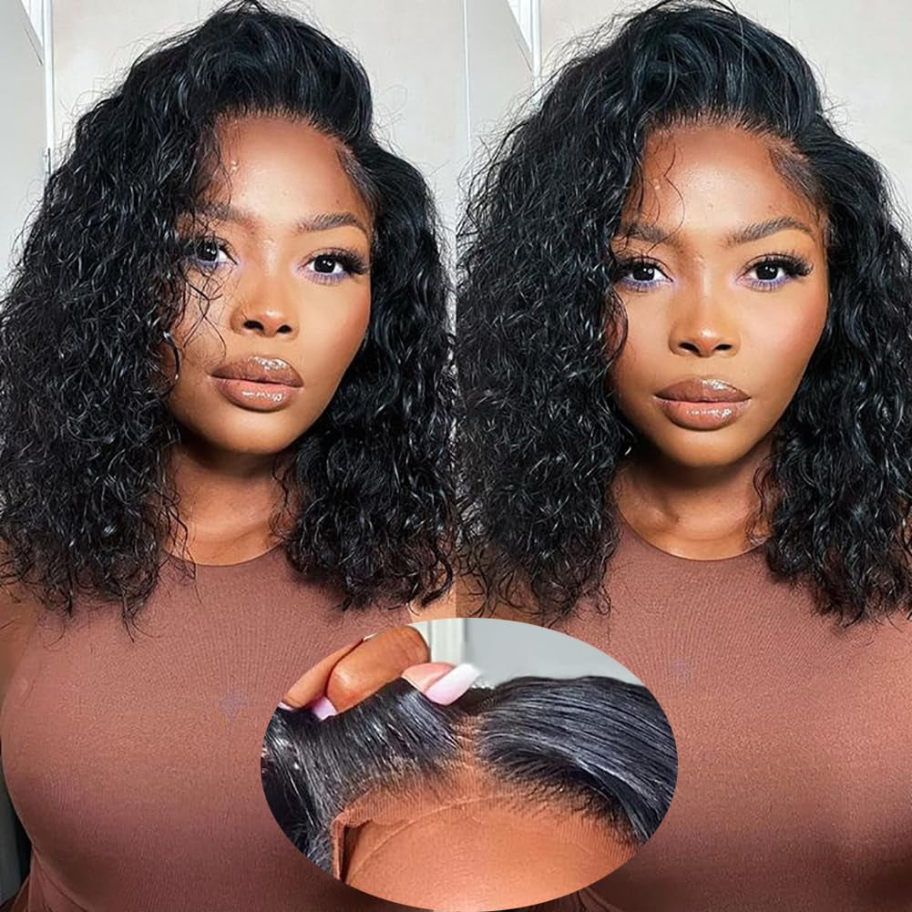 14 Inch Wear and Go Glueless Wigs Human Hair Pre Plucked Water Wave Bob Wig Human Hair Wigs 180% Density Glueless Wig Pre Cut Lace for Beginners 4X4 Lace Closure Wig for Women