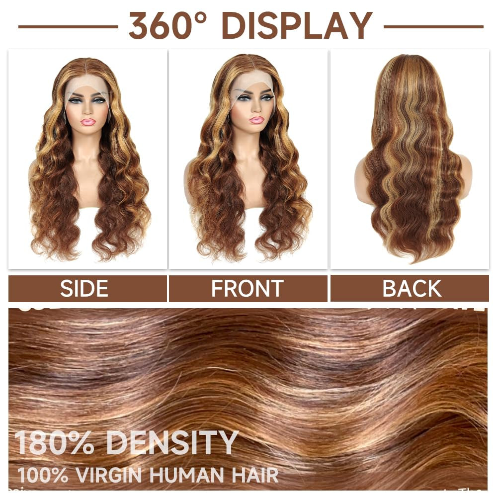 26 Inch Ombre Lace Front Wig Human Hair 4/27 13X4 Body Wave Highlight Lace Front Wig Human Hair Pre Plucked with Baby Hair Honey Blonde Wig Human Hair 180% Density Colored Wigs Human Hair for Women