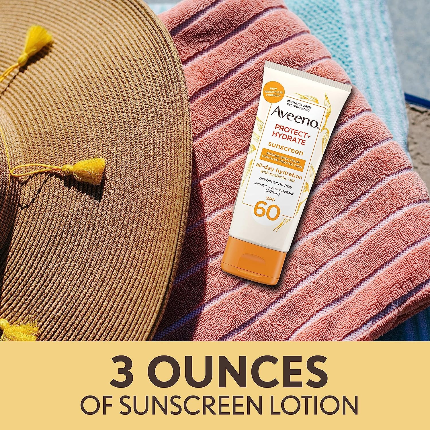 Protect + Hydrate Moisturizing Body Sunscreen Lotion with Broad Spectrum SPF 60 &amp; Prebiotic Oat, Weightless &amp; Refreshing Feel, Paraben-Free, Oil-Free, Oxybenzone-Free, 3.0 Fl. Oz