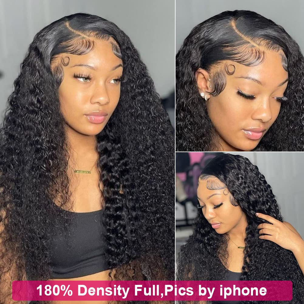 180 Density 13X4 HD Lace Front Wigs Human Hair Pre Plucked with Baby Hair Transparent Glueless Brazilian Deep Wave Frontal Wigs for Women Natural Black Color