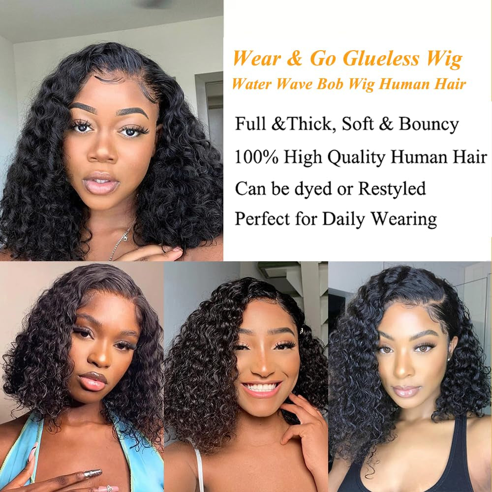 14 Inch Wear and Go Glueless Wigs Human Hair Pre Plucked Water Wave Bob Wig Human Hair Wigs 180% Density Glueless Wig Pre Cut Lace for Beginners 4X4 Lace Closure Wig for Women