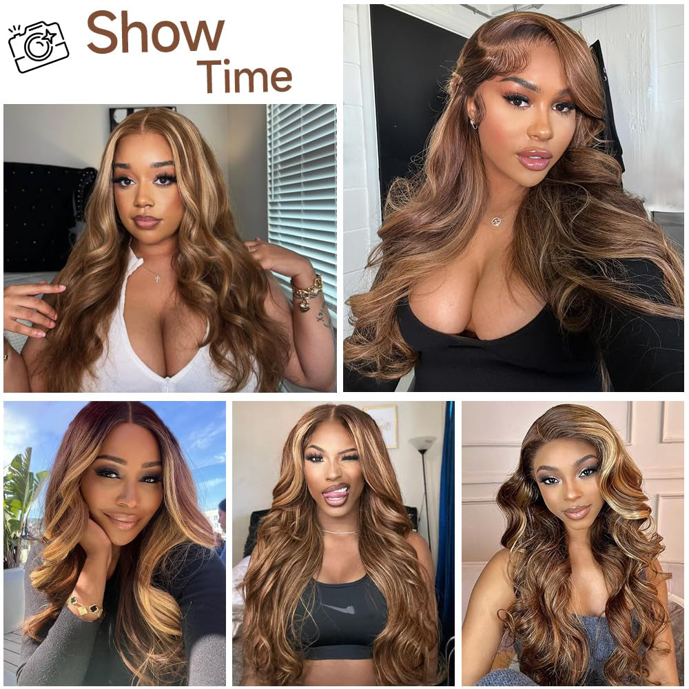 26 Inch Ombre Lace Front Wig Human Hair 4/27 13X4 Body Wave Highlight Lace Front Wig Human Hair Pre Plucked with Baby Hair Honey Blonde Wig Human Hair 180% Density Colored Wigs Human Hair for Women