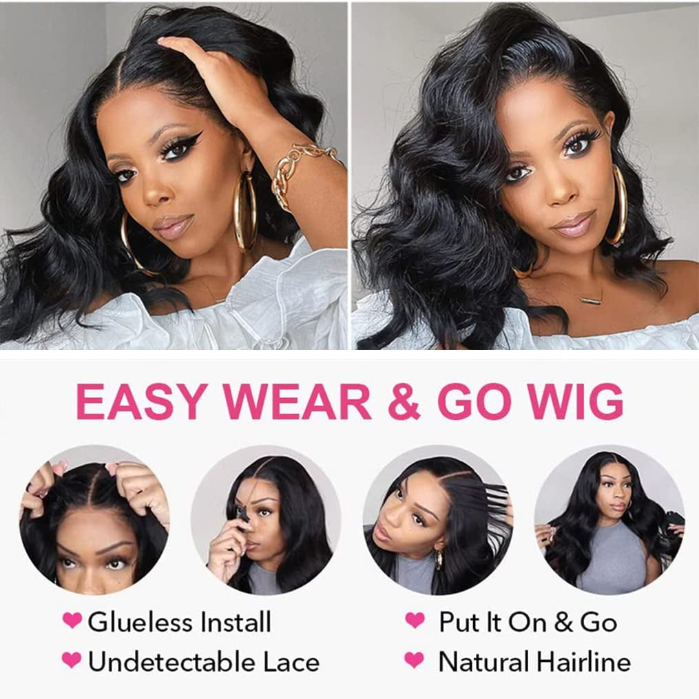 Lace Front Wigs Human Hair Pre Plucked Glueless Wigs for Women Body Wave 13X4 Lace Frontal Wear and Go Wigs for Beginners 180% Density Brazilian Virgin Human Hair Wig(14 Inch)