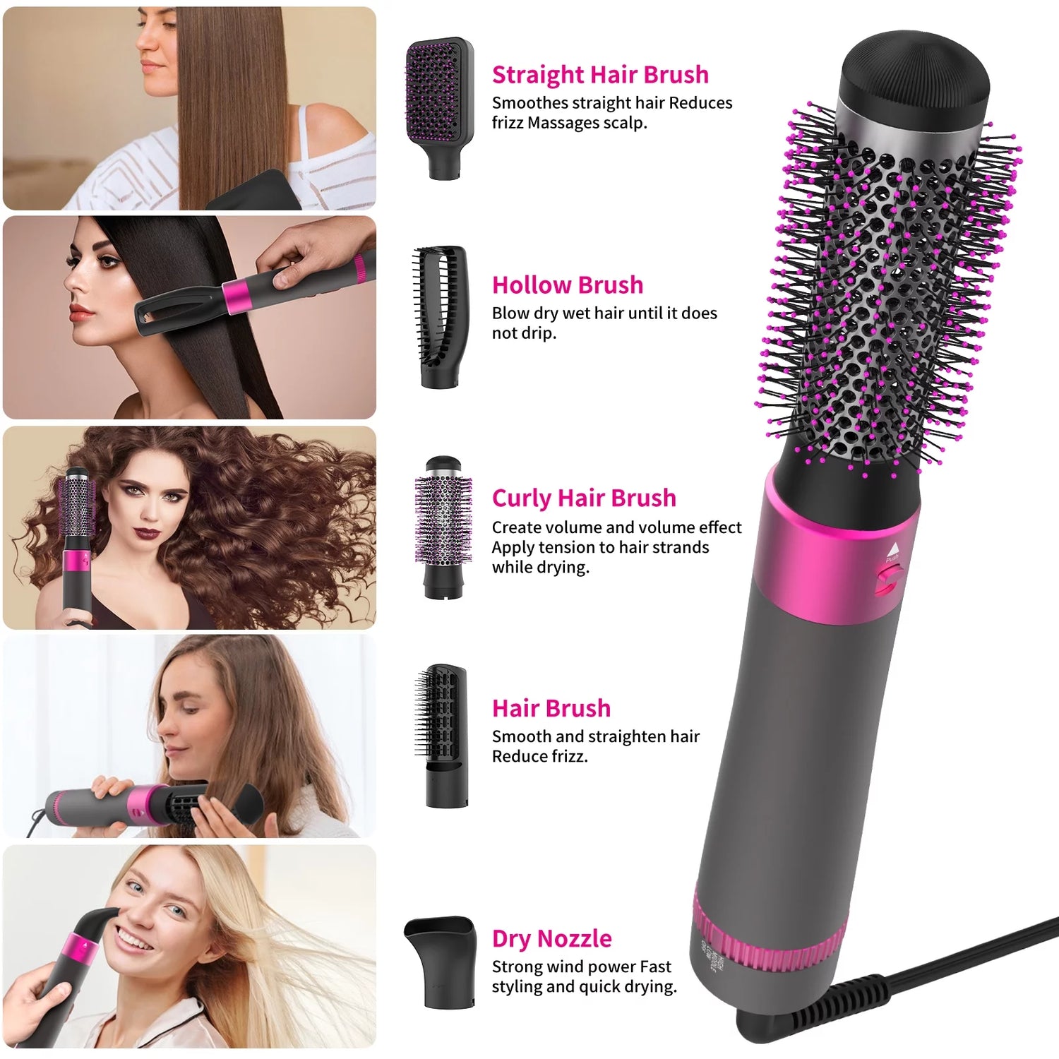 Hair Dryer Brush, Negative Ion Blow Dryer Brush, One Step Hair Dryer and Styler, 5 in 1 Detachable Volumizer Brush Hair Dryers with Gift Box for Women