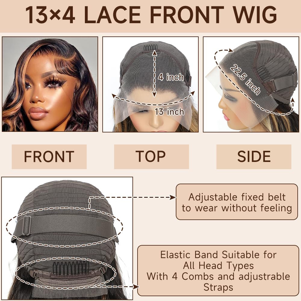 28 Inch Ombre Lace Front Wig Human Hair 1B/30 Body Wave Highlight Lace Front Wigs Human Hair Colored 13X4 Ombre Brown Wig Human Hair 180% Density Glueless HD Lace Frontal Wigs Human Hair