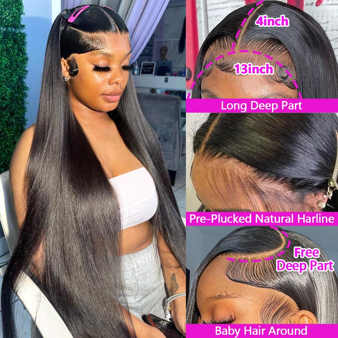 28 Inch Straight Lace Front Wigs Human Hair Pre-Plucked 180% Density Glueless 13X4 HD Lace Frontal Wigs Human Hair Natural Hairline Brazilian Virgin Human Hair for Black Women with Baby Hair