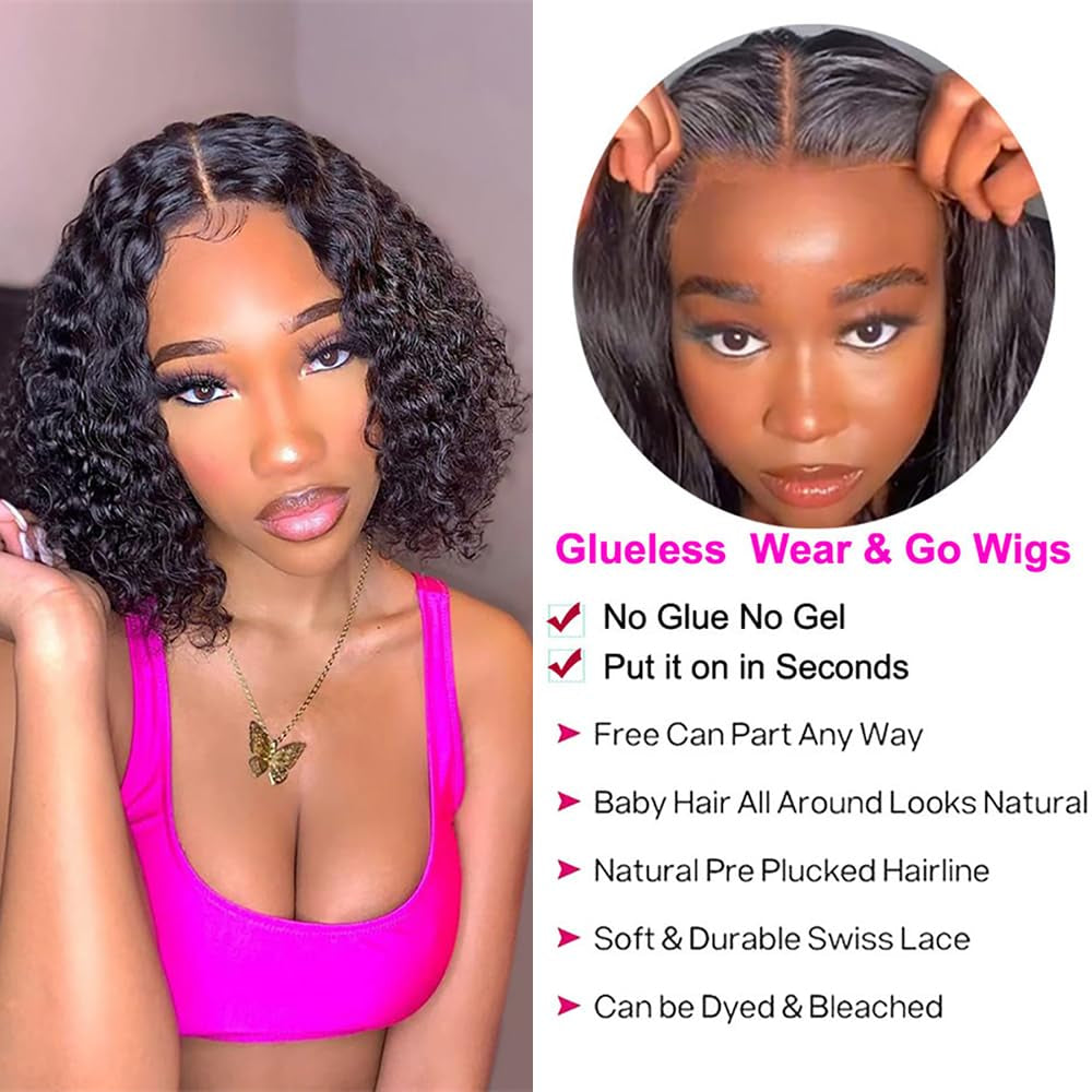 Wear and Go Glueless Wigs Human Hair Pre Plucked Deep Wave Bob Wig Human Hair Lace Front Wigs for Beginners Upgraded No Glue Pre Cut 4X4 Lace Closure Glueless Wigs for Black Women Human Hair 12 Inch