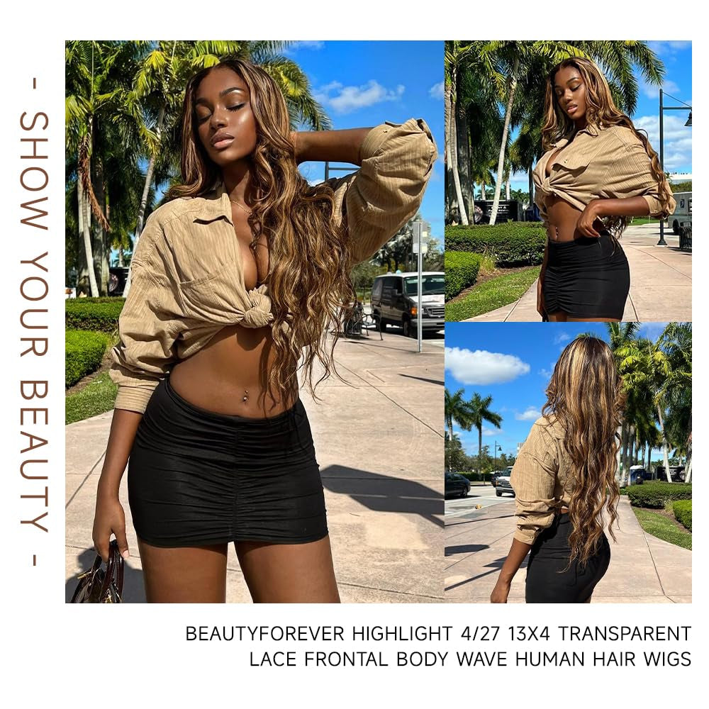 26 Inch Ombre Lace Front Wig Human Hair 4/27 13X4 Body Wave Highlight Lace Front Wig Human Hair Pre Plucked with Baby Hair Honey Blonde Wig Human Hair 180% Density Colored Wigs Human Hair for Women