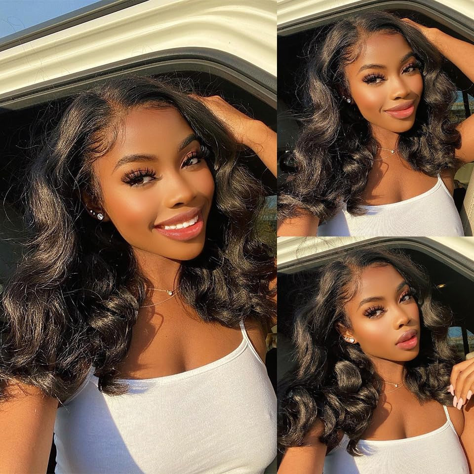 13X4 Body Wave HD Lace Front Wigs Human Hair 180% Density Glueless Bob Wigs Human Hair Pre Plucked Short Bob Wigs for Black Women Frontal Wig Human Hair Natural Black Color (14 Inch, Bob Wig)