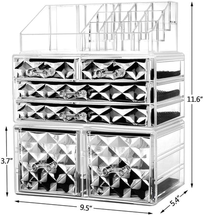 Acrylic Clear Dustproof Makeup Storage Organizer Drawers Large Skin Care Cosmetic Display Cases for Bathroom Stackable Storage Box with 6 Drawers for Vanity (Diamond Pattern Clear)