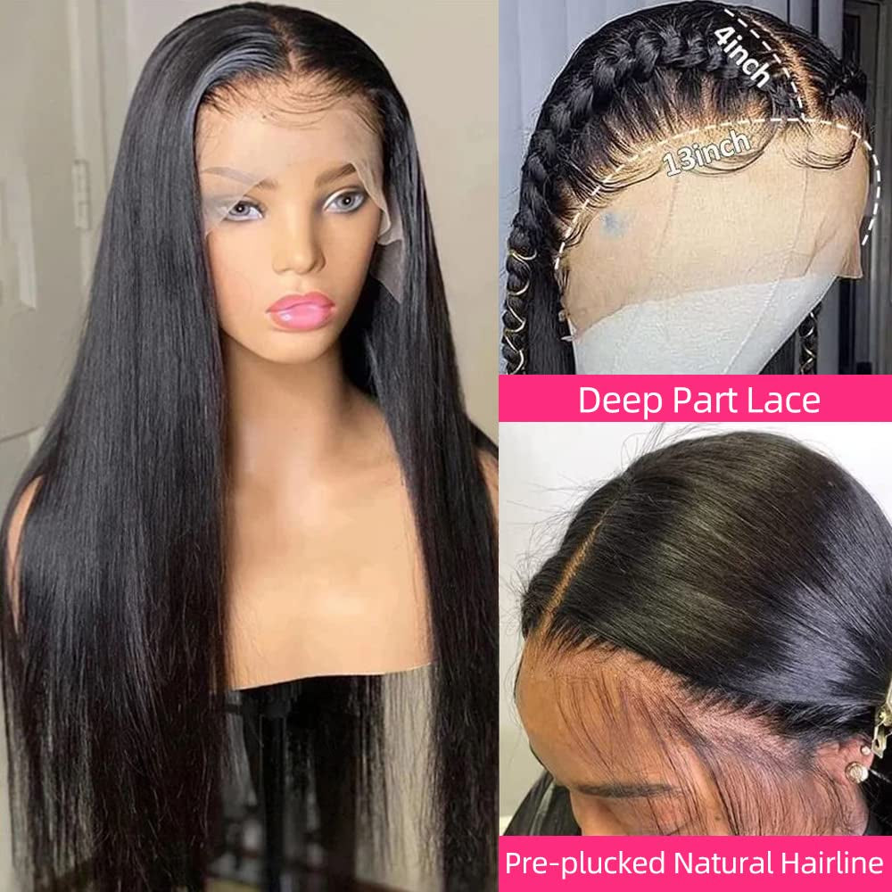 Straight Lace Front Wigs Human Hair 13X4 Transparent HD Lace Front Wigs Human Hair Pre Plucked 180% Density Straight Lace Frontal Wigs Human Hair with Baby Hair for Women 24 Inch