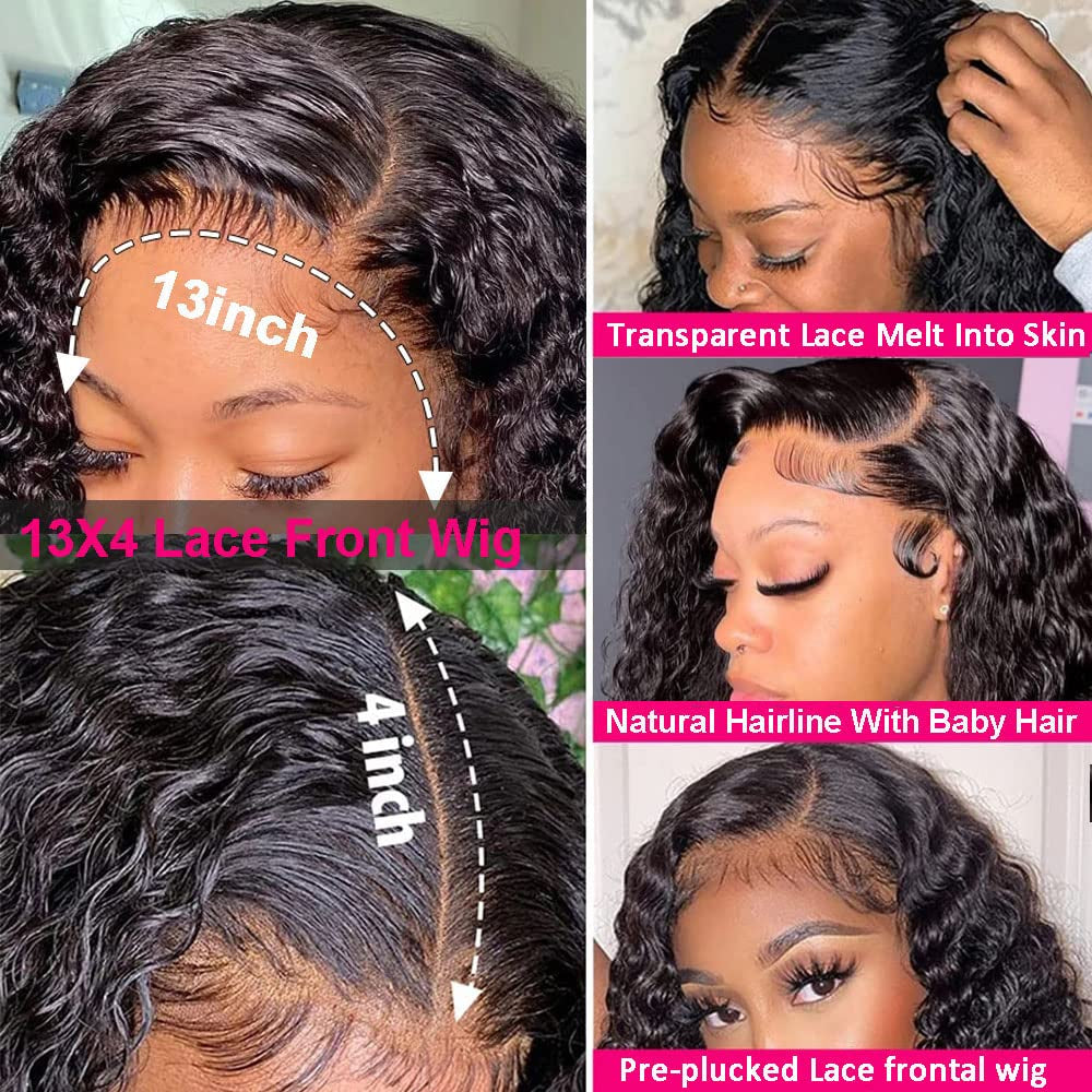 Water Wave Human Hair Lace Front Wigs for Black Women 150% Density Brazilian Water Wave Lace Front Wig with Baby Hair Pre Plucked Bleached Knots Deep Curly Lace Front Human Hair Wigs 16 Inch