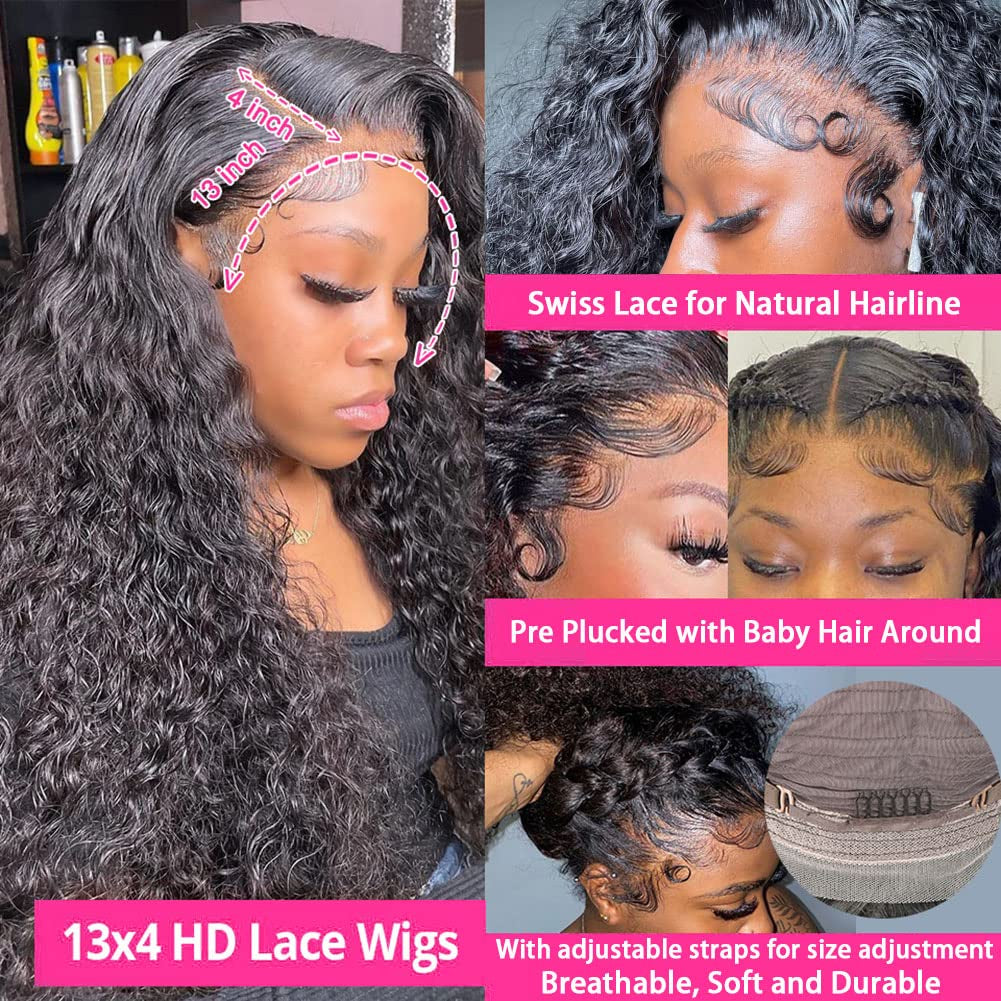 13X4 Deep Wave Lace Front Wigs Human Hair 180% Density Deep Wave Frontal Wigs Human Hair HD Lace 26 Inch Curly Wigs for Black Women Pre Plucked with Baby Hair Curly Lace Front Wig Human Hair