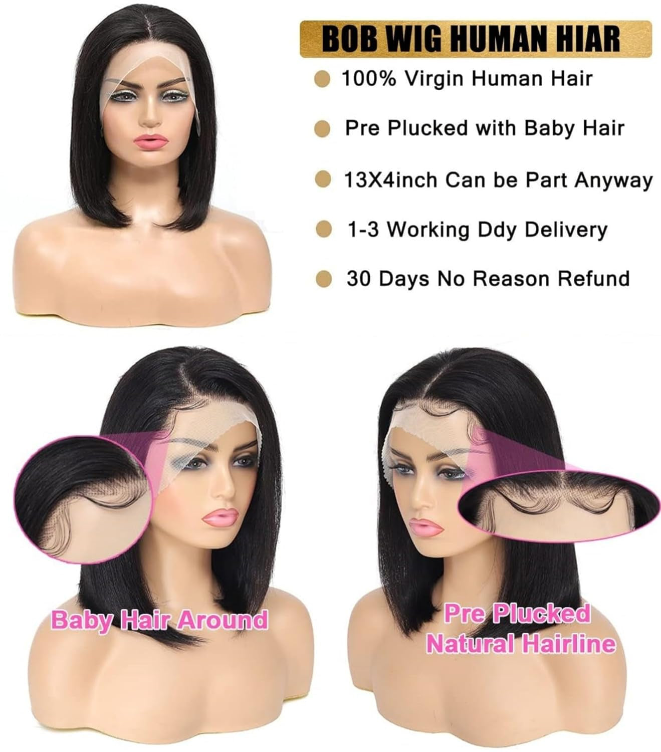 Bob Wig Human Hair, 13X4 HD Lace Front Wigs, 12Inch Glueless Transparent Lace Frontal Bob Wigs, Pre Plucked with Baby Hair, 180% Density 12A Brazilian Short Bob Wig for Women (Natural Color)