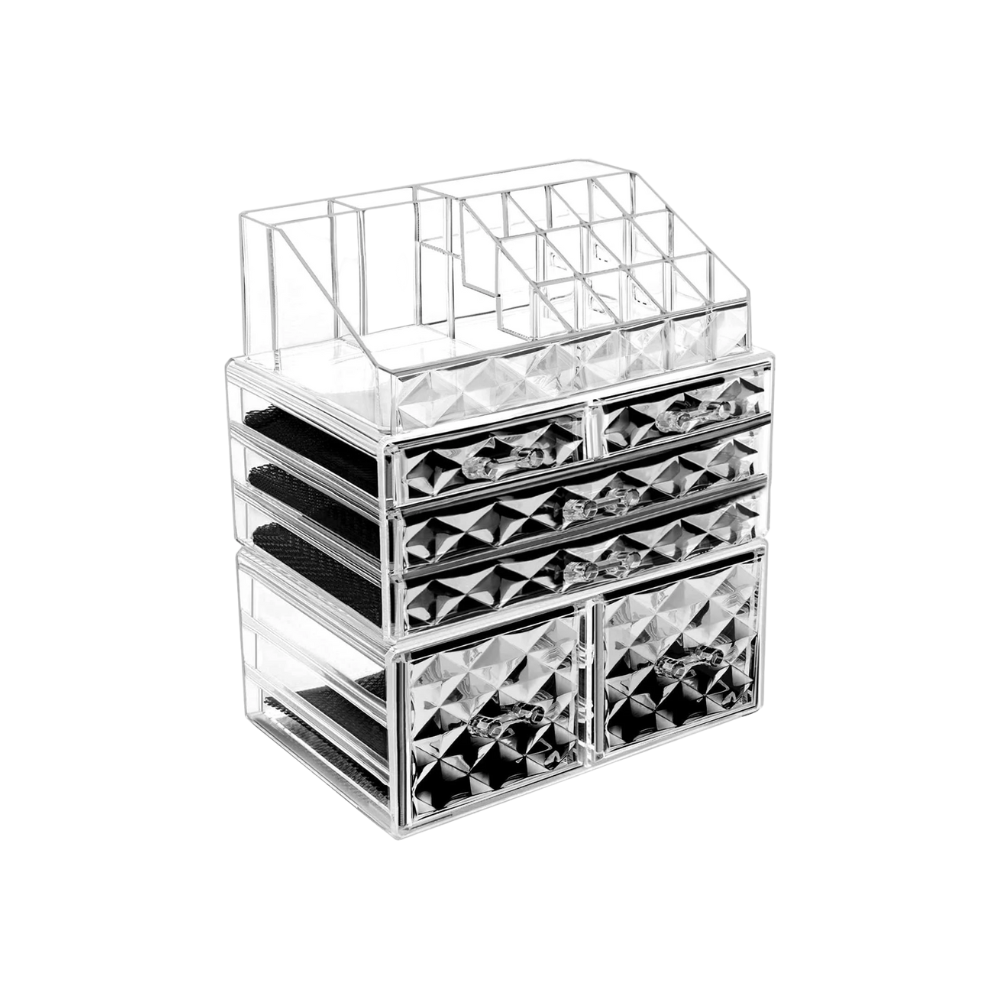 Acrylic Clear Dustproof Makeup Storage Organizer Drawers Large Skin Care Cosmetic Display Cases for Bathroom Stackable Storage Box with 6 Drawers for Vanity (Diamond Pattern Clear)