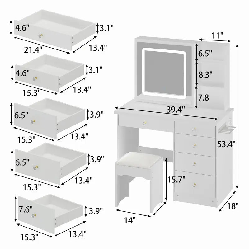 MIDHAM Vanity Desk Set Makeup Table with Large Sliding Lighted Mirror, Power Strip &amp; Hair Dryer Holder, Modern Dressing Table with Drawers, Storage Shelves &amp; Stool for Bedroom