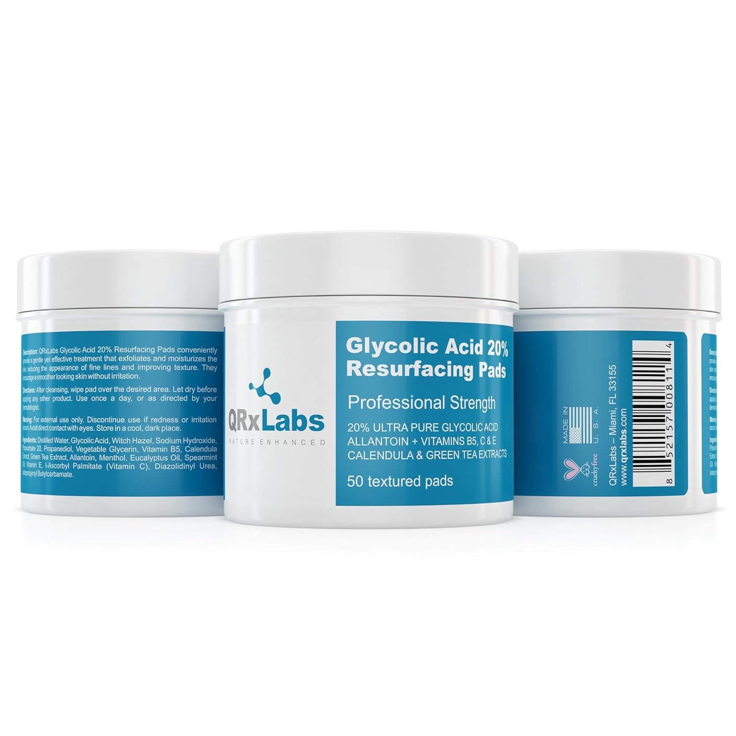 Glycolic Acid 20% Resurfacing Pads for Face &amp; Body with Vitamins B5, C &amp; E, Green Tea, Calendula, Allantoin - Exfoliates Surface Skin and Reduces Fine Lines and Wrinkles - Peel Pads