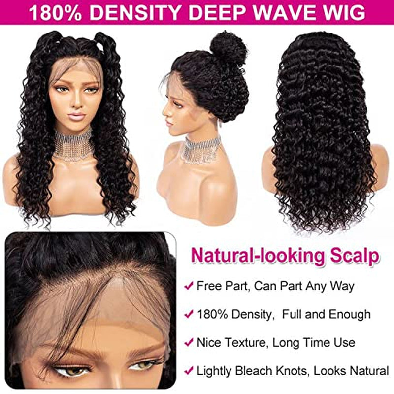 13X4 Human Hair Lace Front Wigs for Black Women Glueless 180 Density HD Transparent Deep Wave Frontal Wig with Baby Hair Pre Plucked Bleached Knots(14 Inch, Black Color)