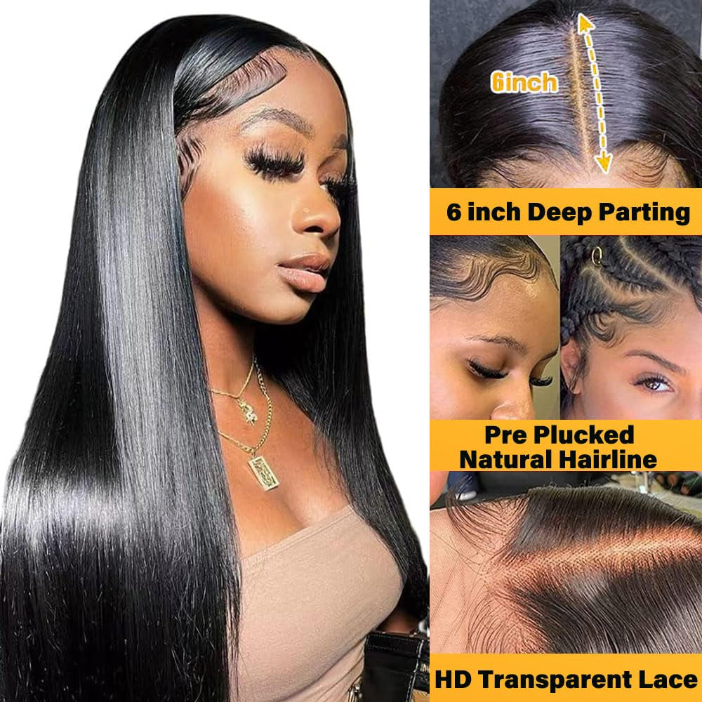 13X6 220 Density HD Lace Front Wigs Human Hair 26 Inch Straight Wigs Human Hair 13X6 Glueless Wigs Human Hair 220 Density HD Frontal Wigs Human Hair 13X6 for Women Natural Black