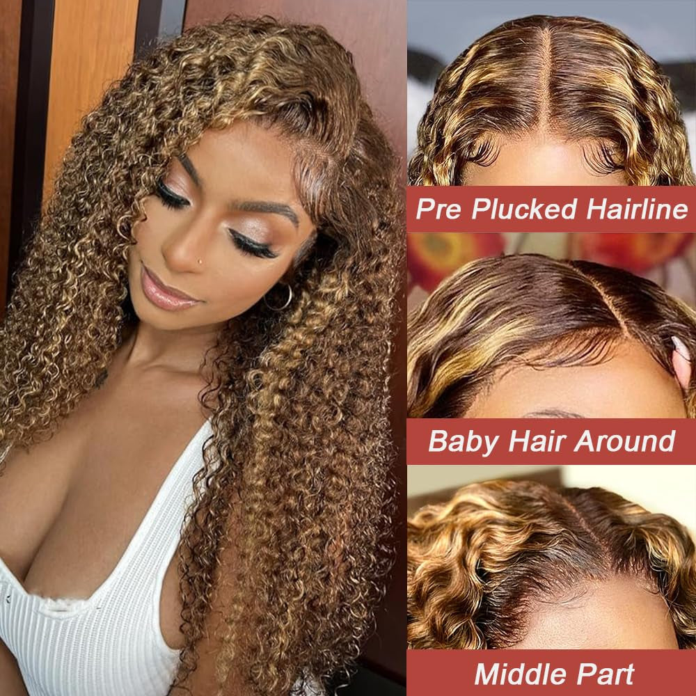 Honey Blonde HD Lace Front Wig Human Hair 200 Density Water Wave Ombre 4/27 Highlight 13X5 Full Lace Front Wigs Human Hair Pre Plucked 26 Inch