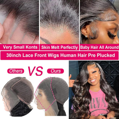 30 Inch Lace Front Wig Human Hair Body Wave HD Lace Frontal 13X4 180 Density Glueless Wigs Human Hair Pre Plucked with Baby Hair for Women Natural Black