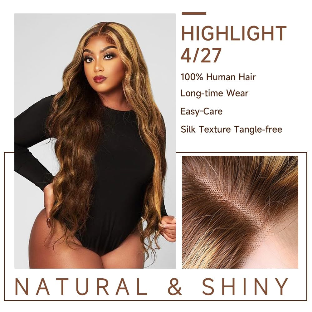 26 Inch Ombre Lace Front Wig Human Hair 4/27 13X4 Body Wave Highlight Lace Front Wig Human Hair Pre Plucked with Baby Hair Honey Blonde Wig Human Hair 180% Density Colored Wigs Human Hair for Women